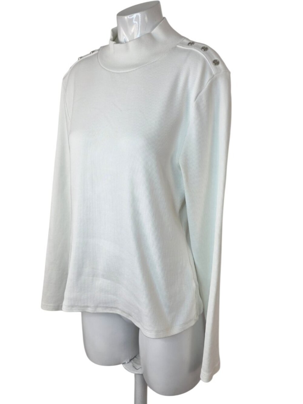 Veronica Beard Ribbed Long Sleeve Mock Neck Top, White, Button Detail, Size XL - Picture 7 of 10